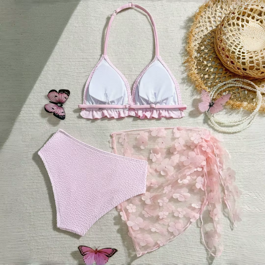 Ensemble de bikinis 3 pièces pour adolescentes et jeunes filles, jupe de plage en maille florale 3D, maillot de bain pour filles de 7 à 16 ans, maillot de bain mignon et décontracté pour grandes fille