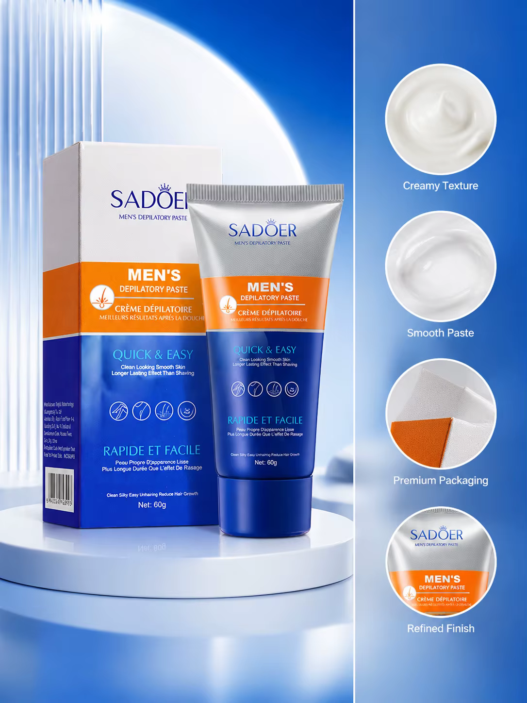 Crème dépilatoire pour hommes, crème épilatoire pour le corps, douce et hydratante, soin de la peau pour une peau lisse, application facile pour les soins quotidiens des hommes.