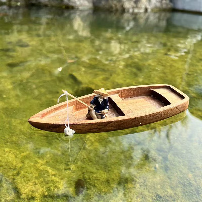 Bateau flottant en bois fait à la main, Mini modèle de bateau de pêche pour chat, Aquarium, étang, aménagement paysager, décoration, accessoires d'aquarium