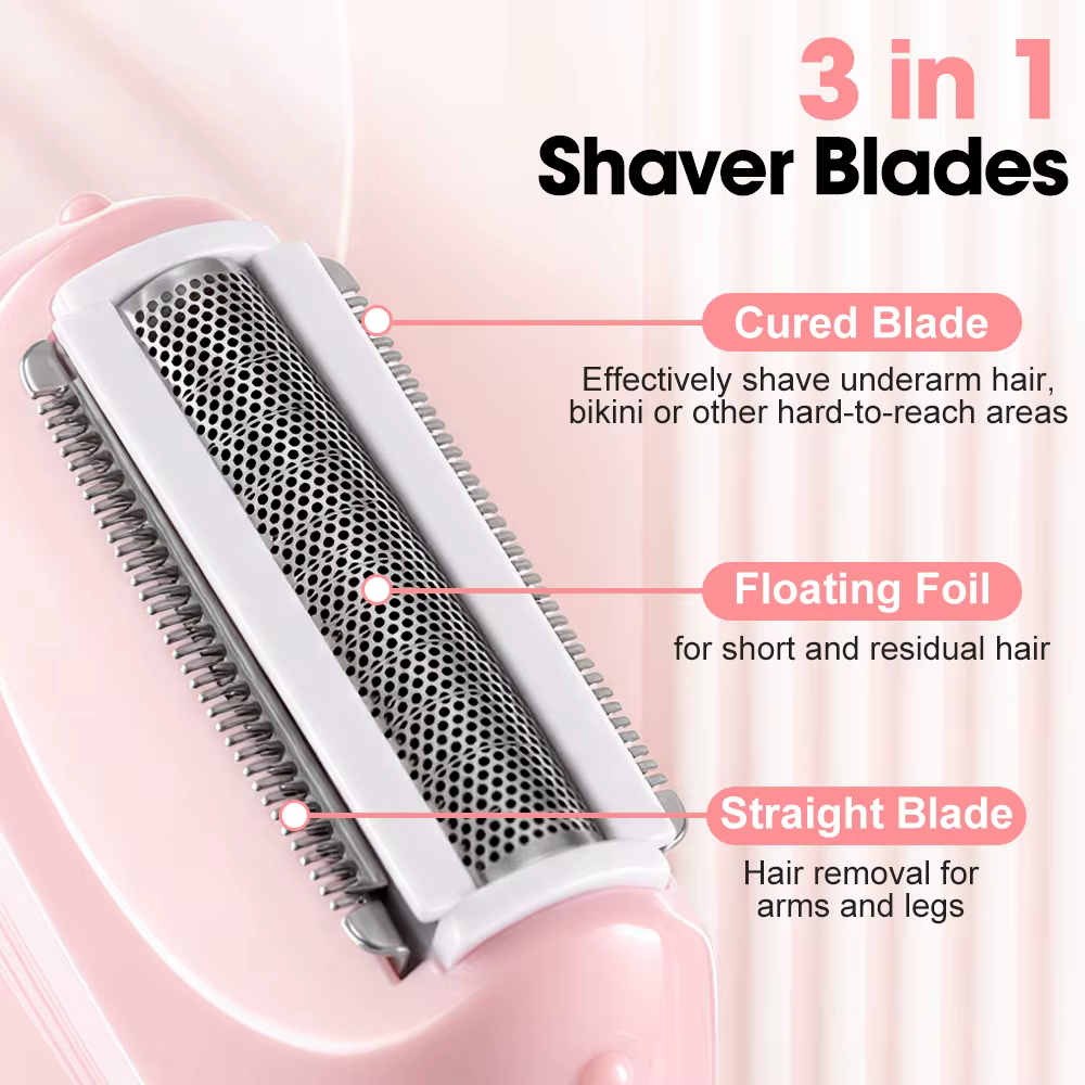 Rasoir Électrique Femme 3 en 1, Tondeuse Maillot et Corps, sans Fil et sans Douleur, Usage Sec et Humide, pour Jambes, Aisselles, Visage et Duvet, Rechargeable USB-C, Rose
