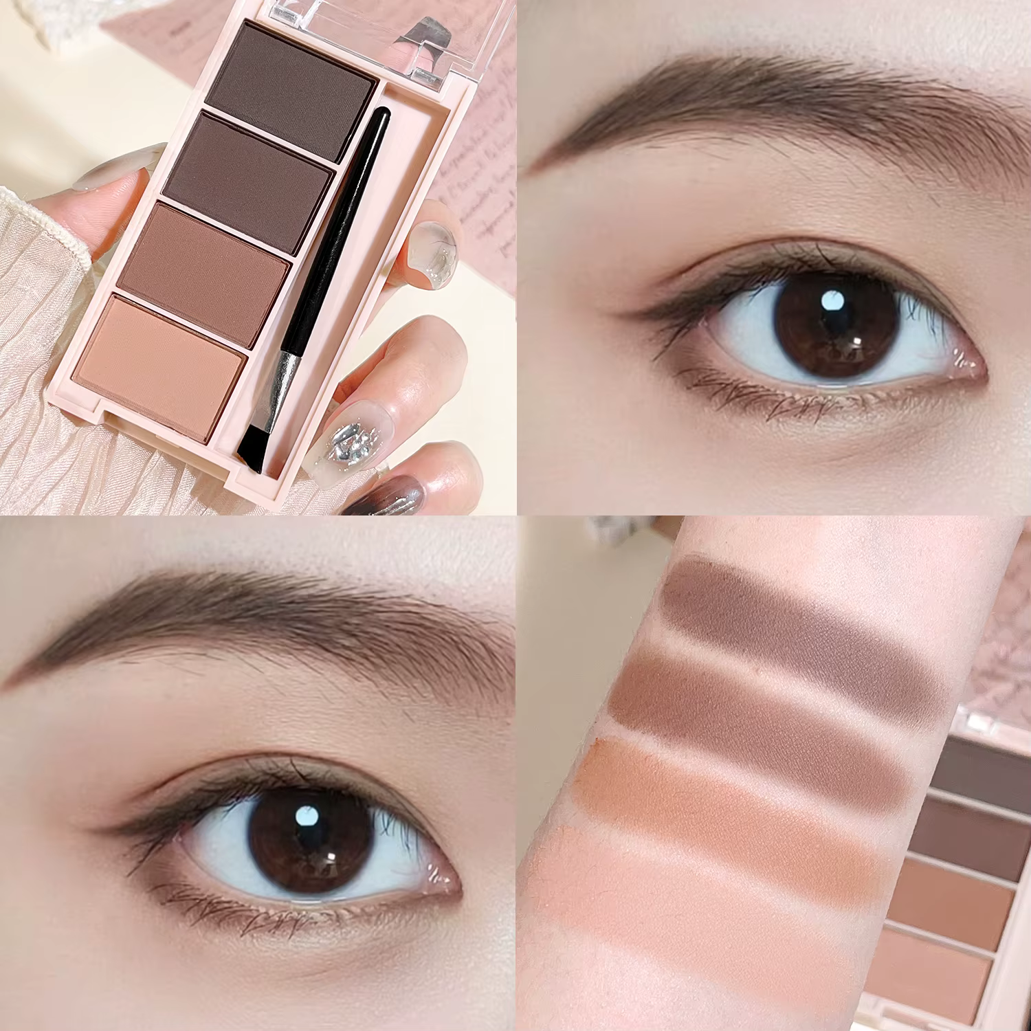 Un ensemble de plateaux de poudre à sourcils de 4 couleurs avec des pinceaux en tons gris et marron mat pour un rendu