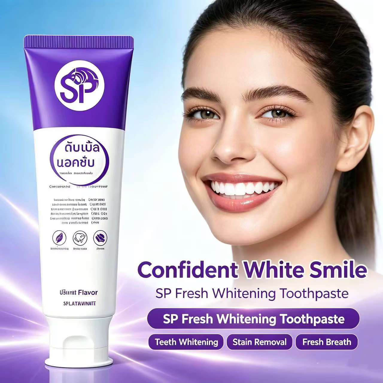 Dentifrice blanchissant thaïlandais – utilise la technologie optique violette pour éliminer les taches jaunes sur les dents, offrant une fraîcheur 24h/24.