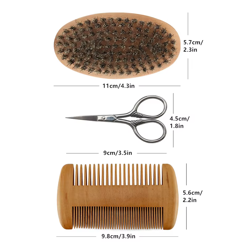 Ensemble de brosses à barbe et peigne à cheveux pour hommes, poils de sanglier doux, peigne à dents larges en bambou, adoucit la barbe, ensemble de 4 pièces