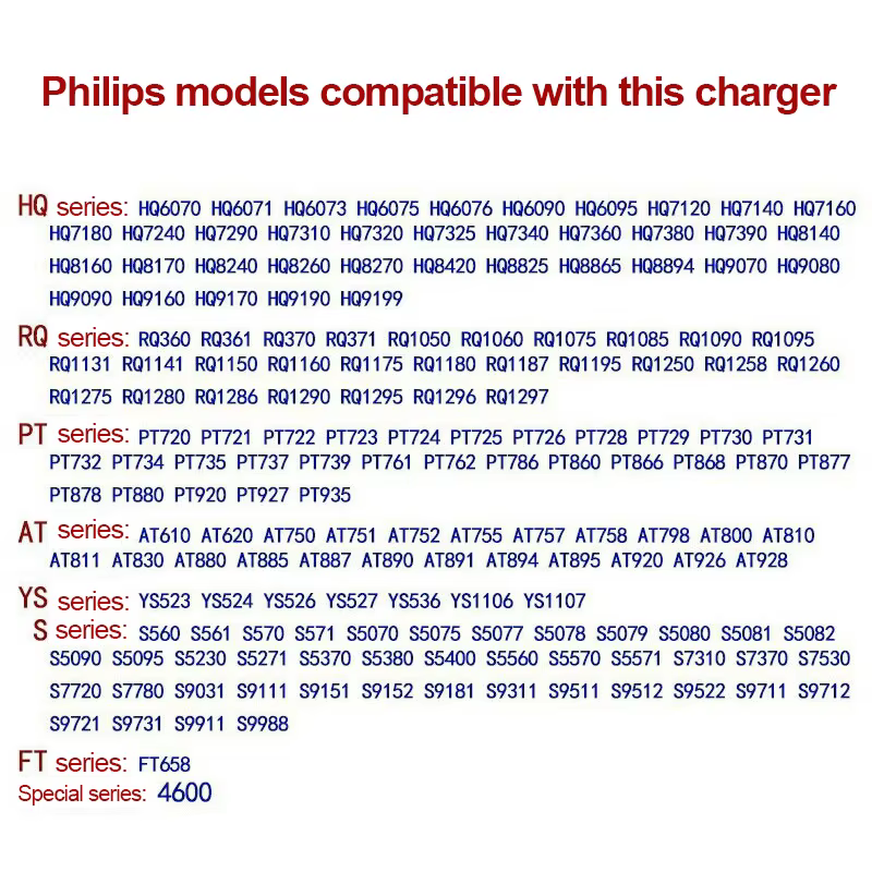 Chargeur de rasoir électrique pour Philips HQ8505 HQ9020 PT720 S5008 RQ1050 HS8020 HQ40D QC5115