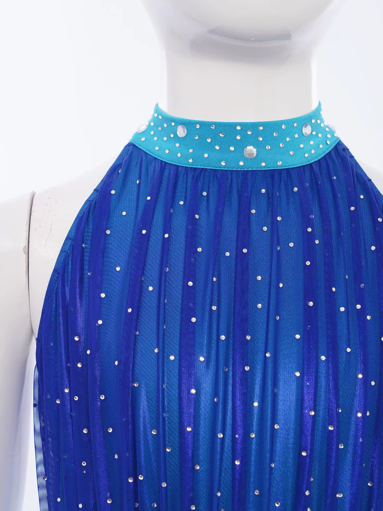 Robe de gymnastique pour adolescentes, patinage artistique, danse lyrique, sans manches, strass brillants, maille transparente, ourlet en mousseline de soie, robes justaucorps