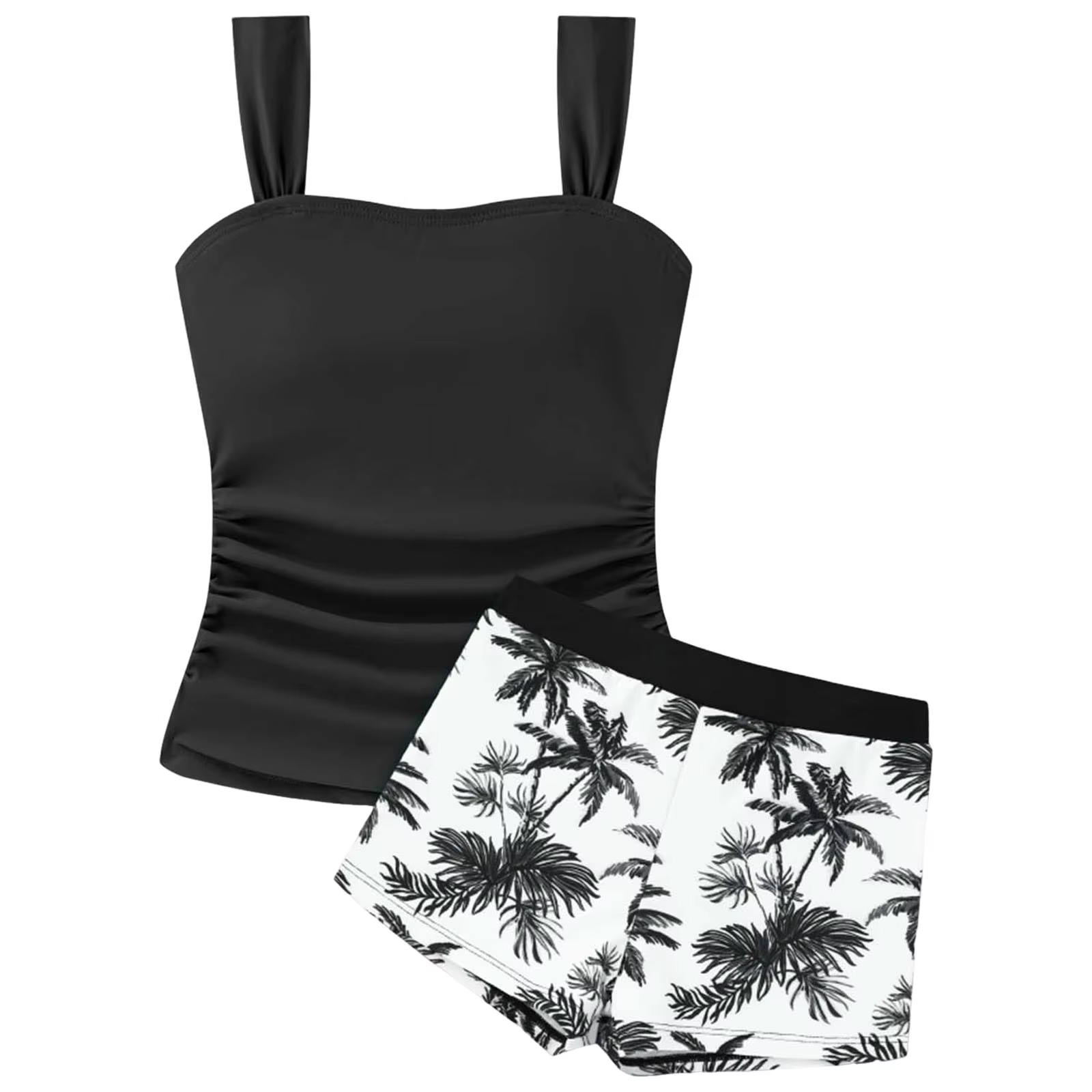Maillot de bain 2 pièces pour adolescentes 2026 : Haut tankini uni à col carré froncé sur le côté et short – Tenue de plage pour filles