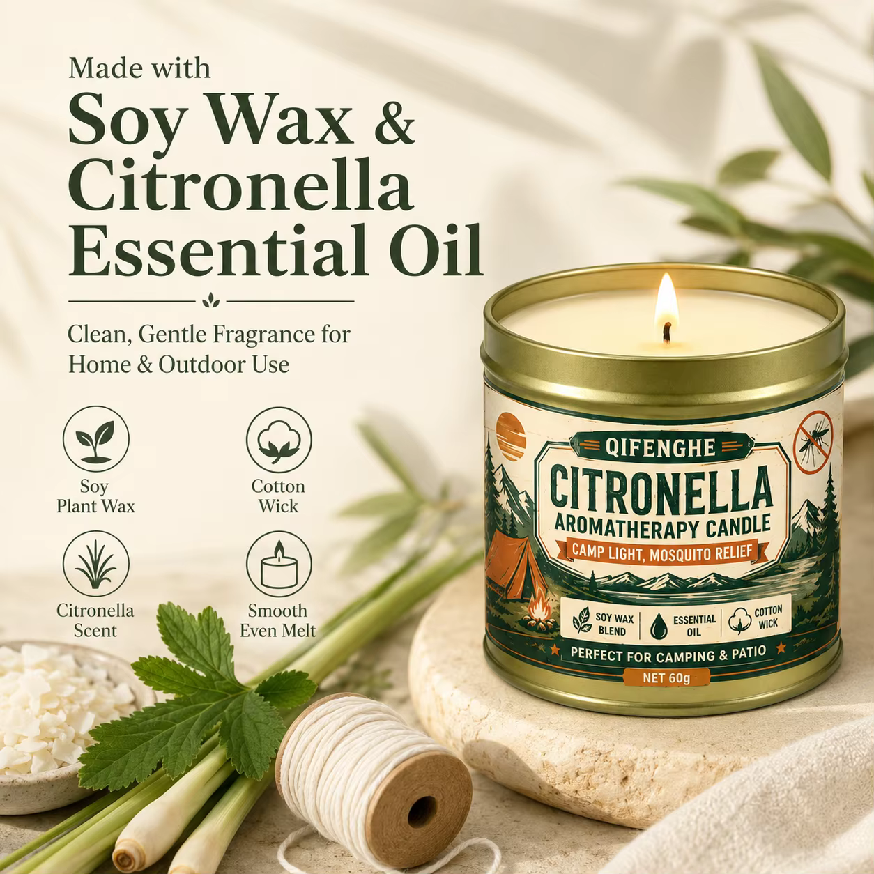 Bougie portable à la citronnelle en cire de soja, aromathérapie, sans fumée, anti-moustiques pour pique-nique en extérieur, patio, décoration intérieure