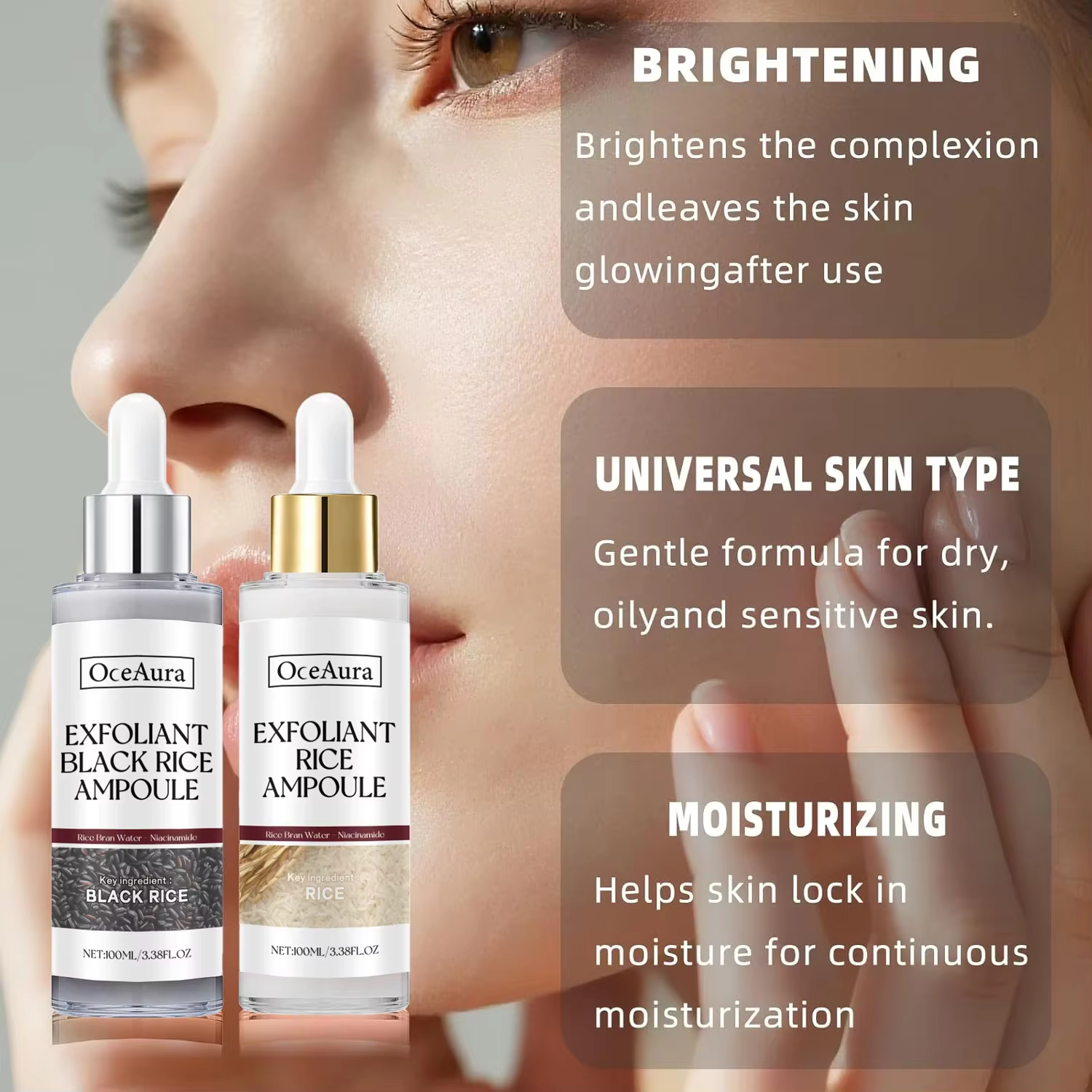 Essence exfoliante de riz noir et blanc, dissolvant de peau morte, réapprovisionnement brillant pour le visage, rétrécissement des pores, acide hyaluronique, sérum éclaircissant