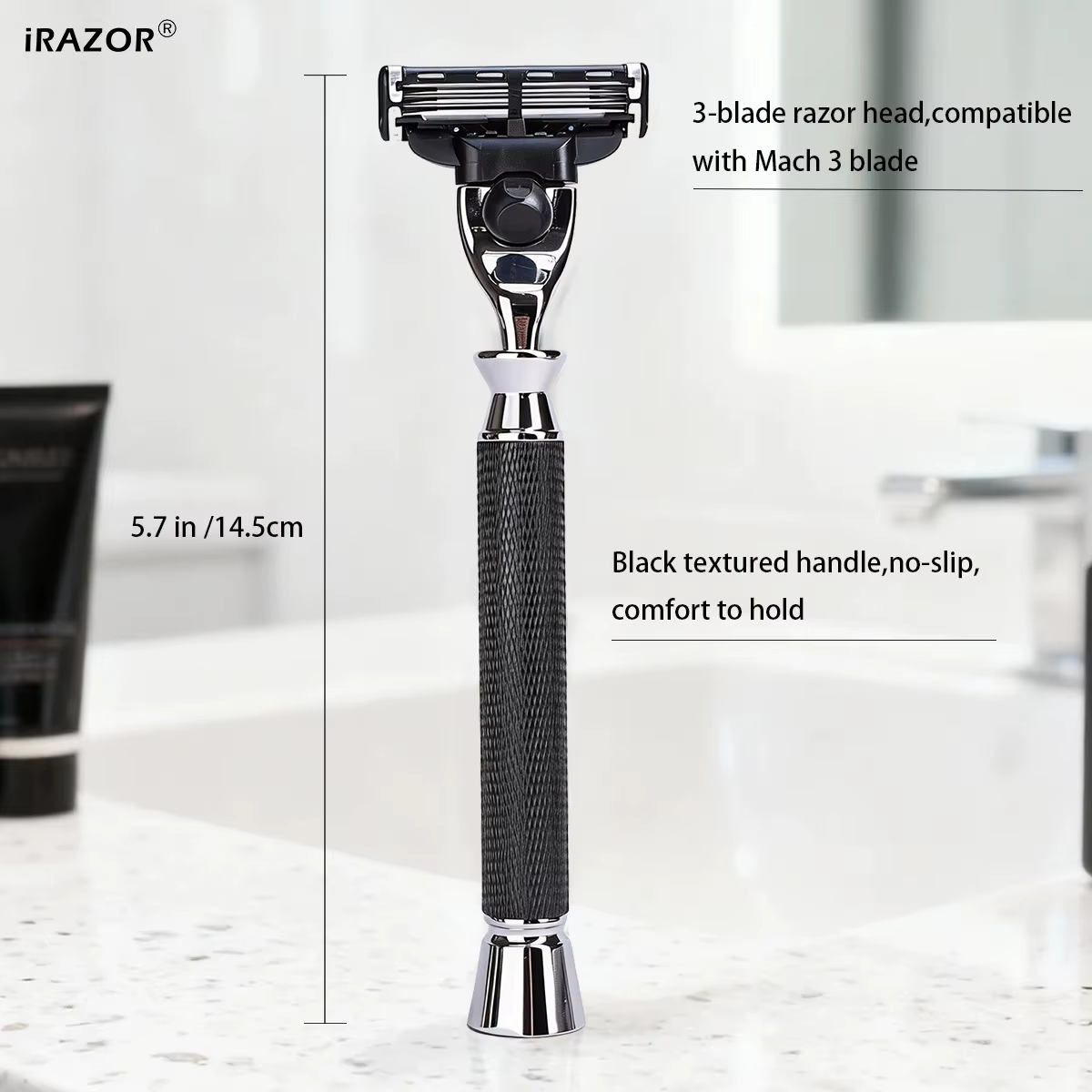 IRAZOR Rasoir manuel pour homme avec manche antidérapant texturé noir compatible avec la cartouche de lame Mach 3 pour un rasage fluide