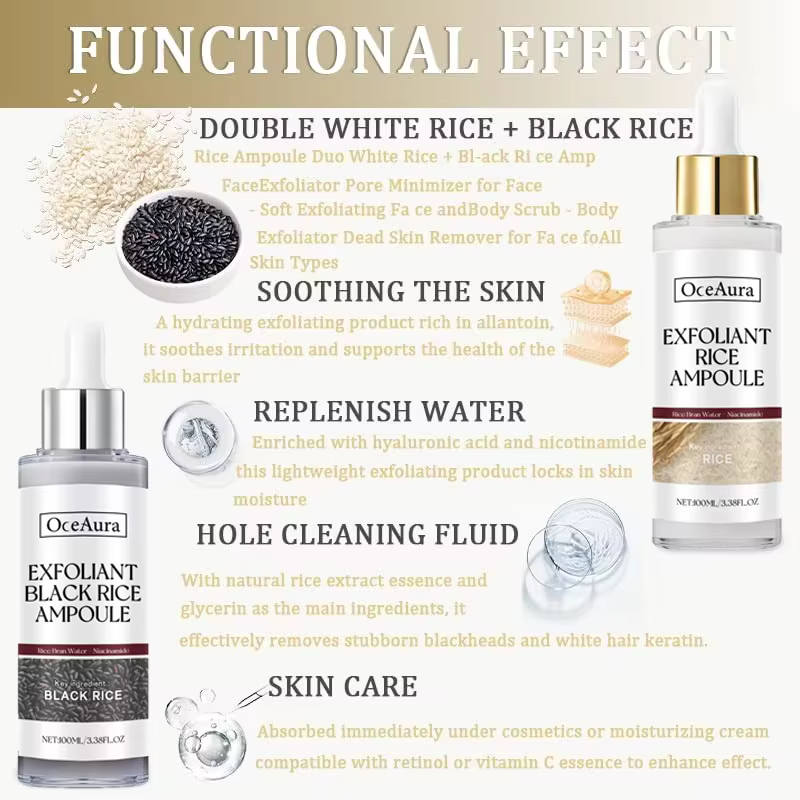 Essence exfoliante de riz noir et blanc, dissolvant de peau morte, réapprovisionnement brillant pour le visage, rétrécissement des pores, acide hyaluronique, sérum éclaircissant