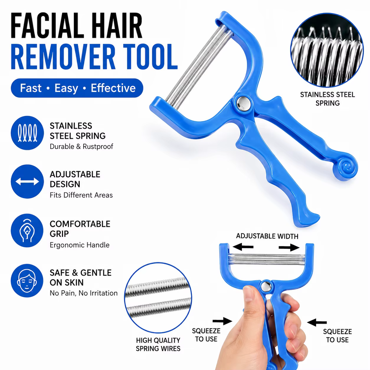 Épilateur facial sûr et réutilisable à ressort manuel pour l'élimination des poils et des moustaches féminins