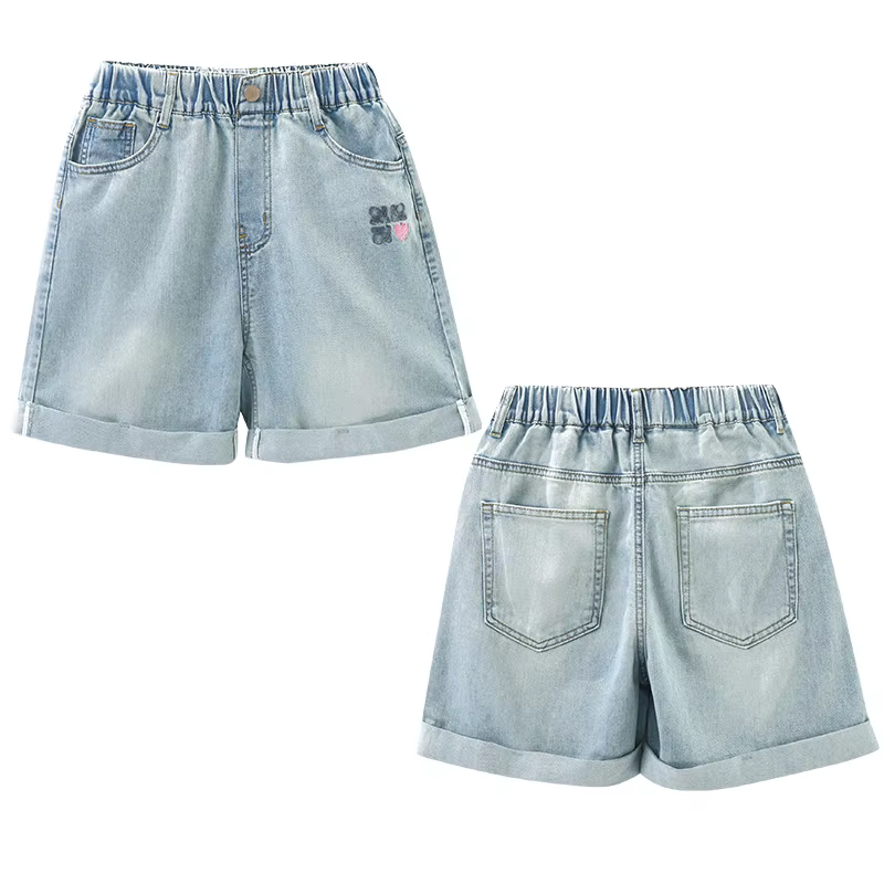 Short en jean délavé pour adolescentes, avec broderie de cœur, demi-mini jean pour enfants de 5 à 14 ans, à la mode, ample, été