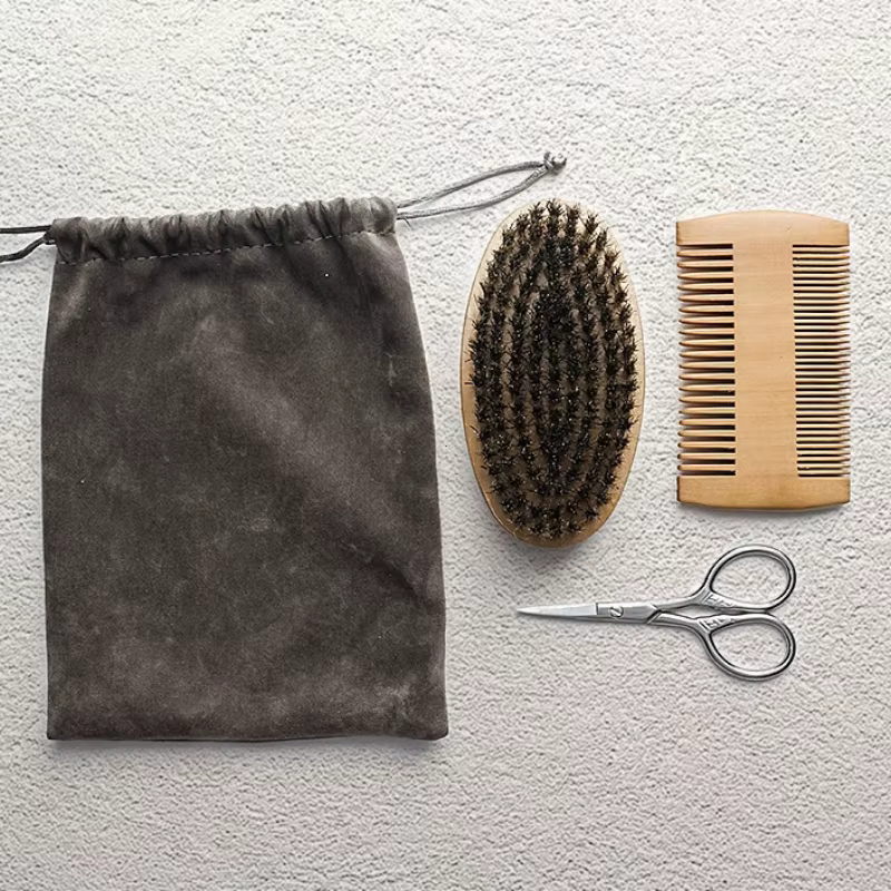 Ensemble professionnel de brosse et peigne à barbe en bois pour hommes, outil de soin de la moustache, poils de sanglier naturels pour peigner les barbes, cadeau