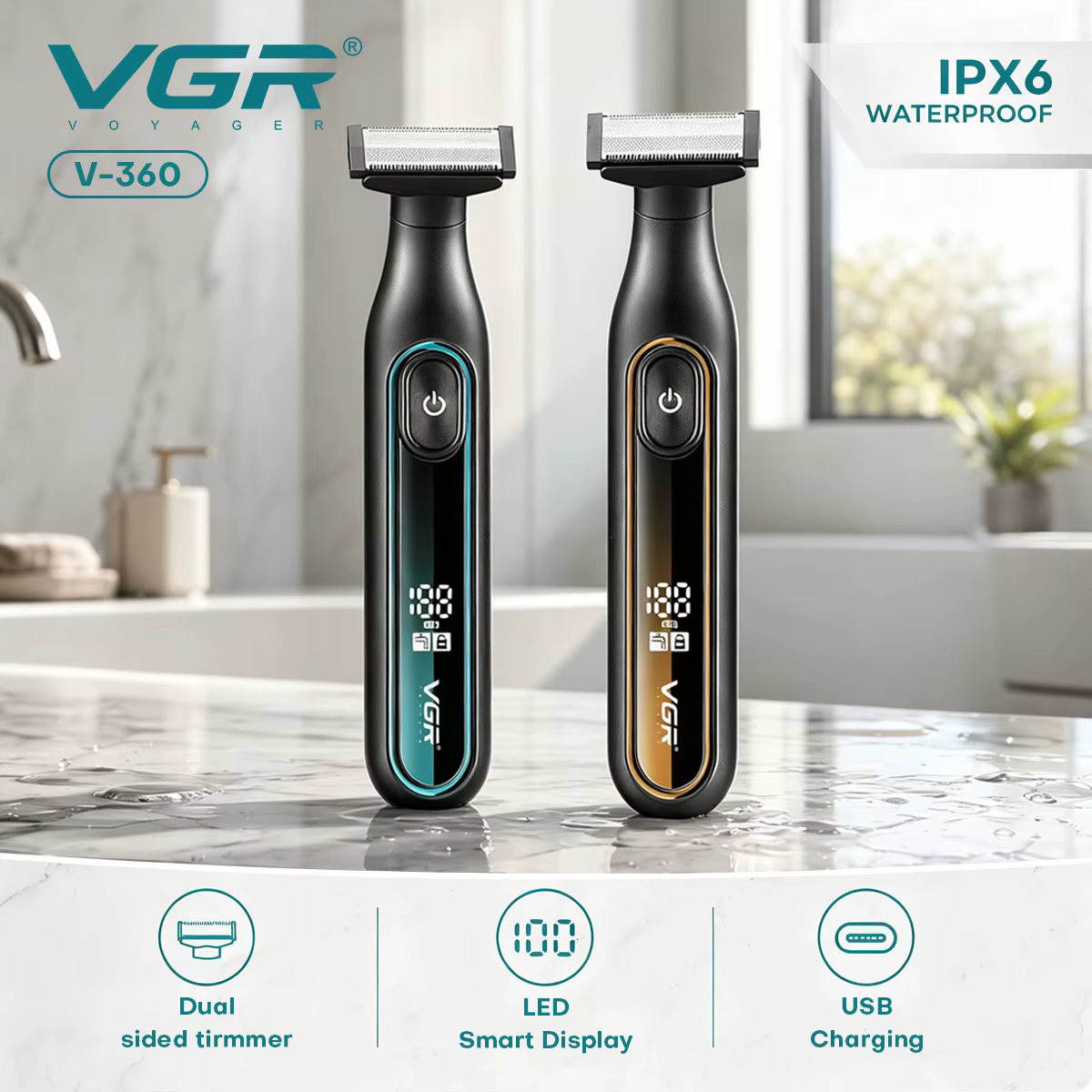 VGR Rasoirs électriques Rasoir homme électrique Rasoir électrique hommes Rasoir électrique Professionnel Machine à raser Étanche Tondeuse à barbe Écran LED Raseur visage Portable Raseur pour hommes V-