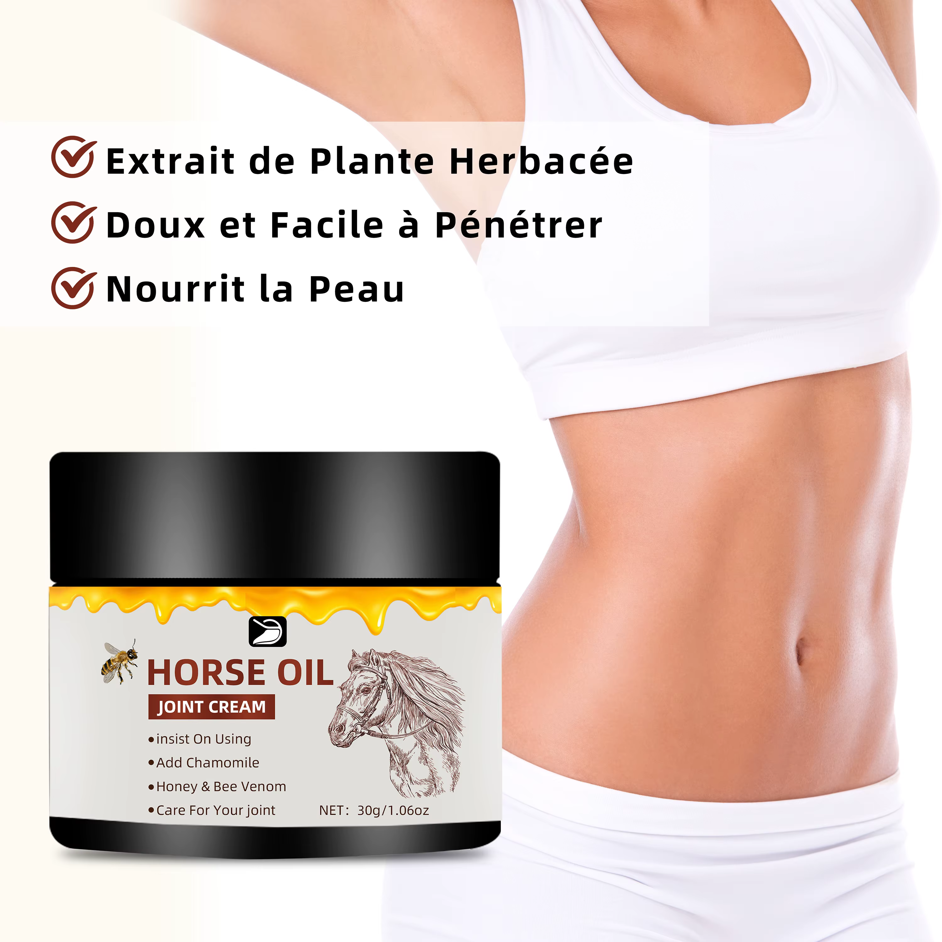 Crème aux Huiles de Cheval pour Articulations - Hydratante à Absorption Rapide, Non Grasse. Pour Coudes, Genoux et Corps. Sans Parfum, Tous Types de Peau. 30g/50g