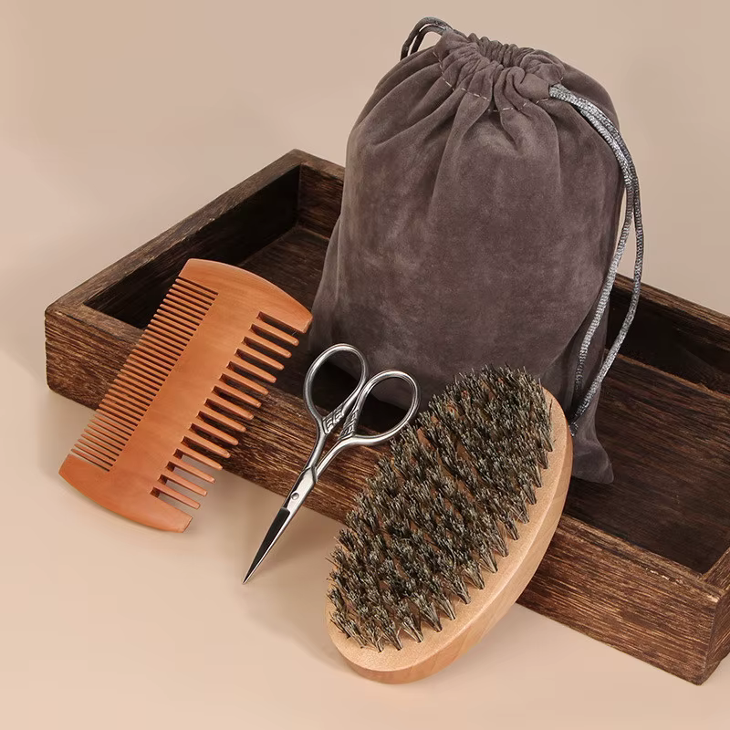 Ensemble de brosses à barbe et peigne à cheveux pour hommes, poils de sanglier doux, peigne à dents larges en bambou, adoucit la barbe, ensemble de 4 pièces