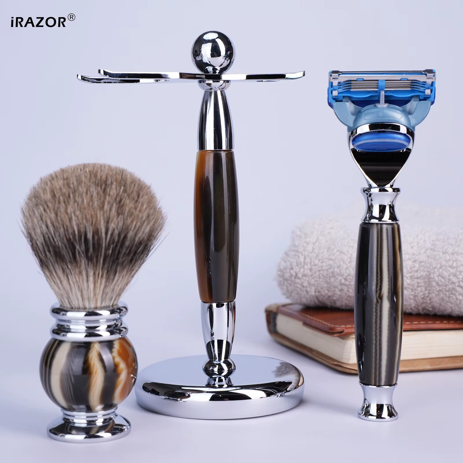 IRAZOR luxe 5 lames F5 Fusion rasoir Kit de rasage pour hommes avec poignée en résine argenté blaireau brosse à cheveux bol outil de toilettage cadeau