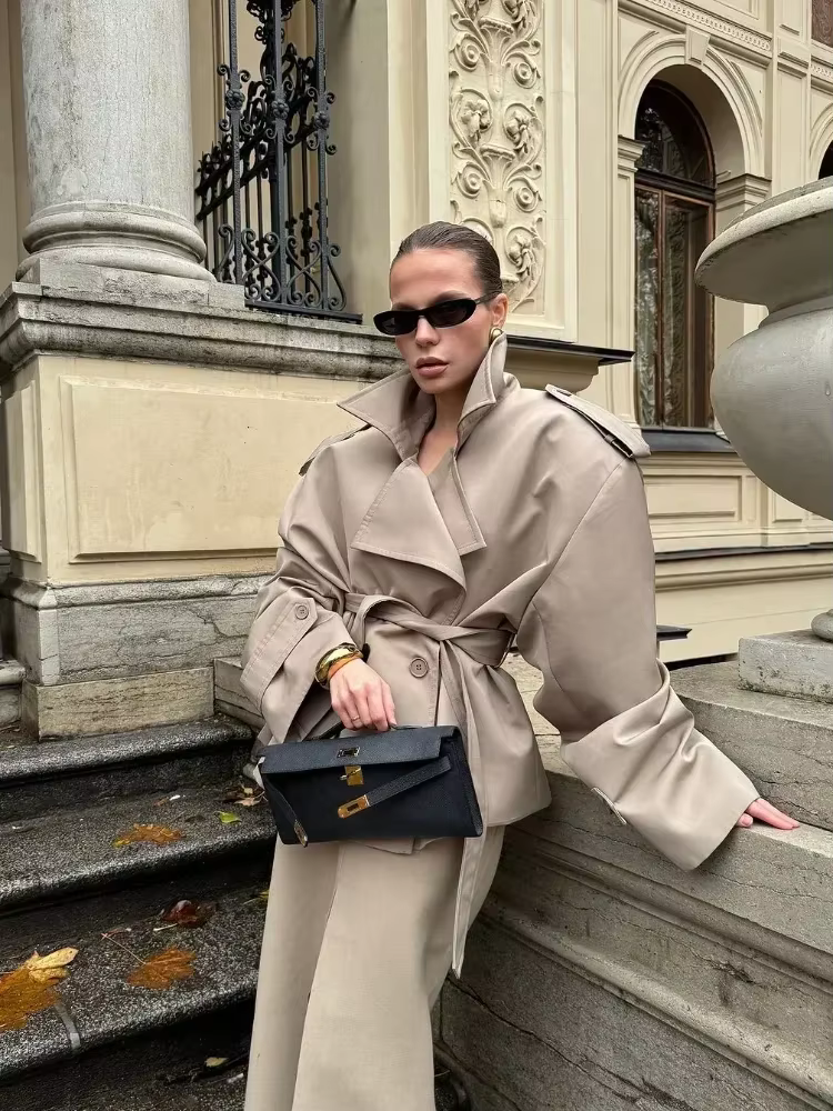Dame couleur unie à lacets veste élégant Chic à manches longues revers bouton manteau ample automne Style de rue nouvelle veste d'extérieur 2025