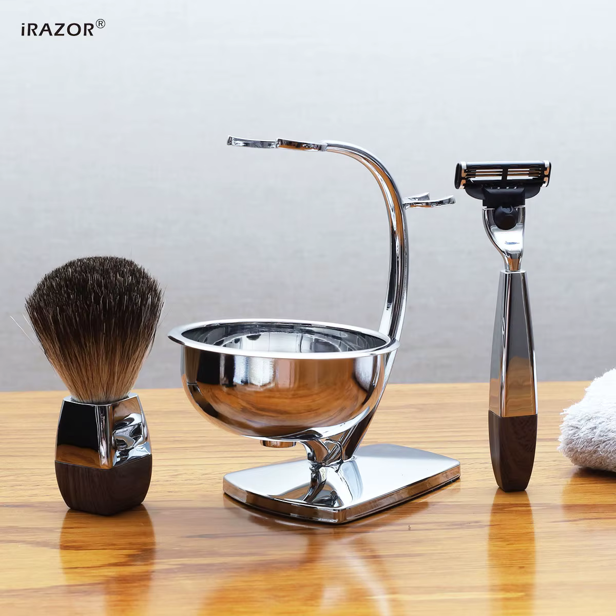 IRAZOR Kit de rasage humide professionnel pour hommes Mach 3 rasoir blaireau brosse à cheveux support