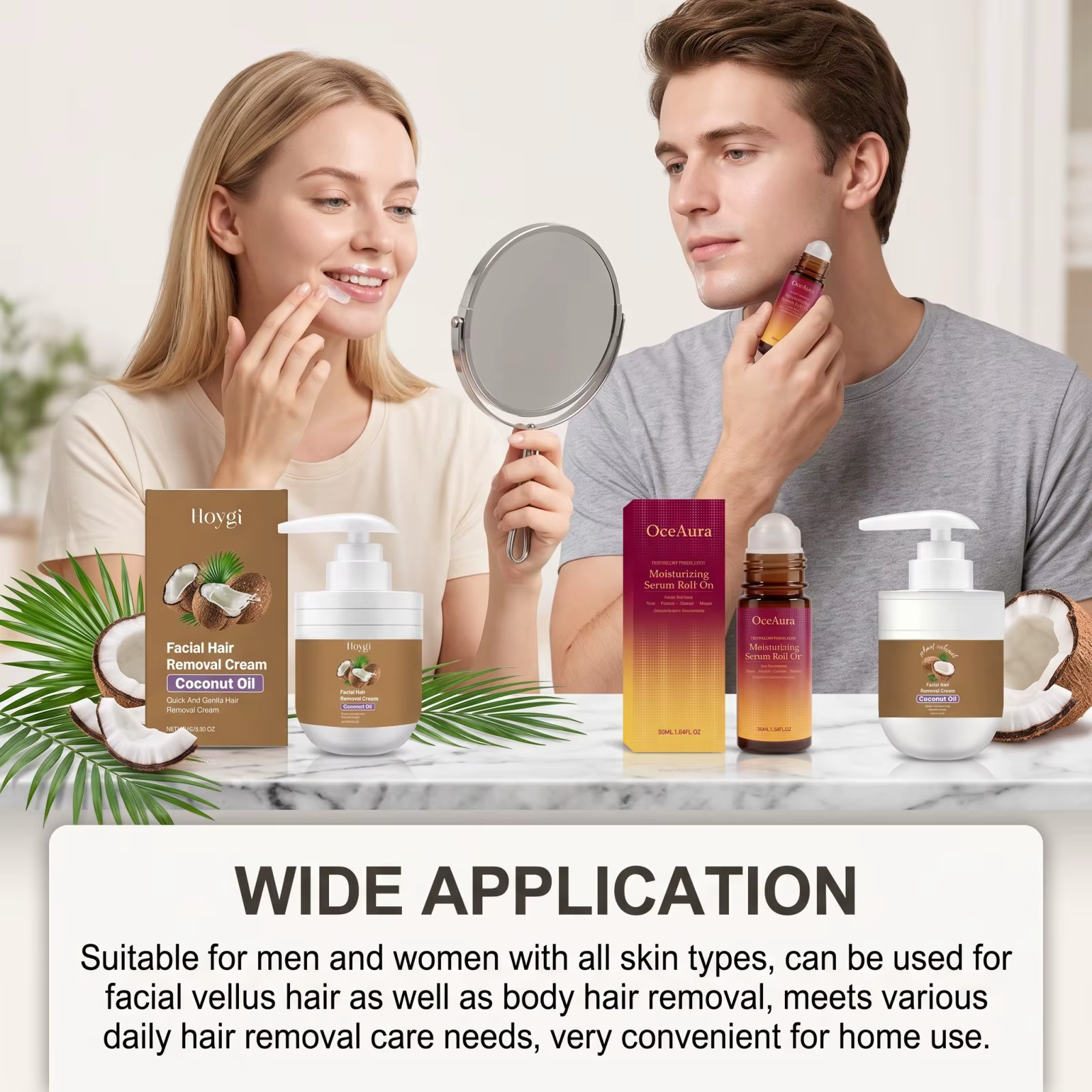 Crème dépilatoire visage et huile roll-on après-épilation – Formule douce à la noix de coco pour une peau lisse et