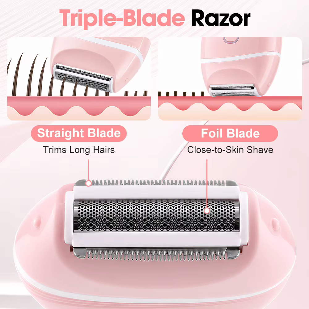 Rasoir Électrique Femme 3 en 1, Tondeuse Maillot et Corps, sans Fil et sans Douleur, Usage Sec et Humide, pour Jambes, Aisselles, Visage et Duvet, Rechargeable USB-C, Rose