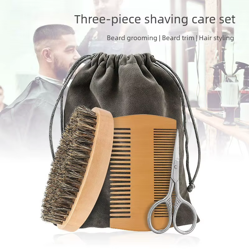 Ensemble professionnel de brosse et peigne à barbe en bois pour hommes, outil de soin de la moustache, poils de sanglier naturels pour peigner les barbes, cadeau