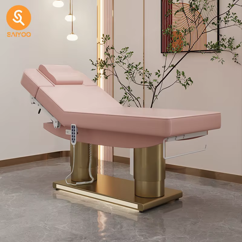 Lit de massage de beauté en cuir rose à 4 moteurs de luxe avec base en acier inoxydable à double cylindre