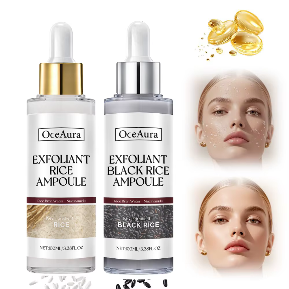Essence exfoliante de riz noir et blanc, dissolvant de peau morte, réapprovisionnement brillant pour le visage, rétrécissement des pores, acide hyaluronique, sérum éclaircissant