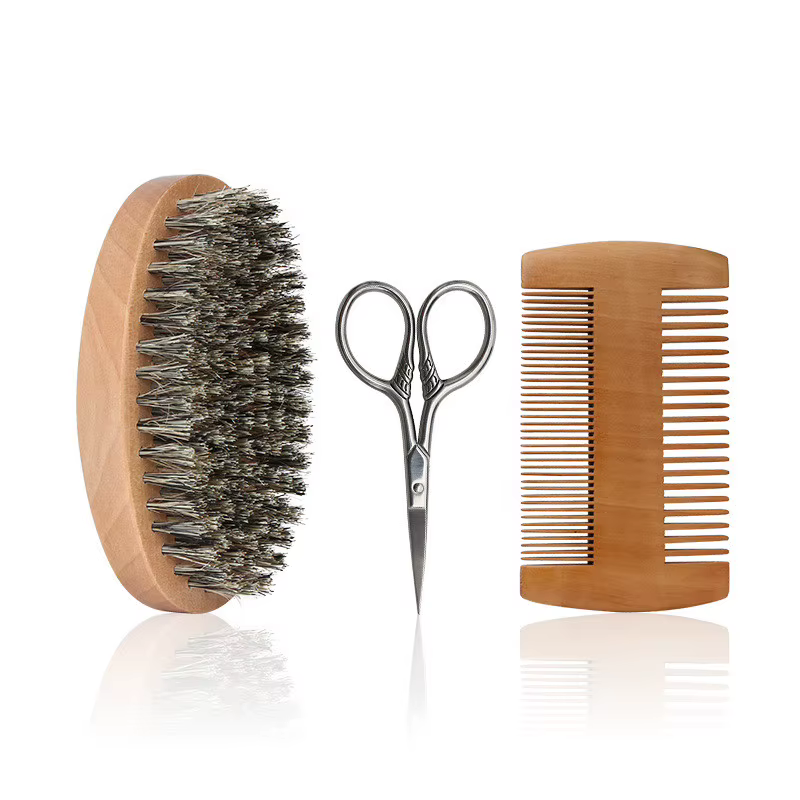 Ensemble de brosses à barbe et peigne à cheveux pour hommes, poils de sanglier doux, peigne à dents larges en bambou, adoucit la barbe, ensemble de 4 pièces