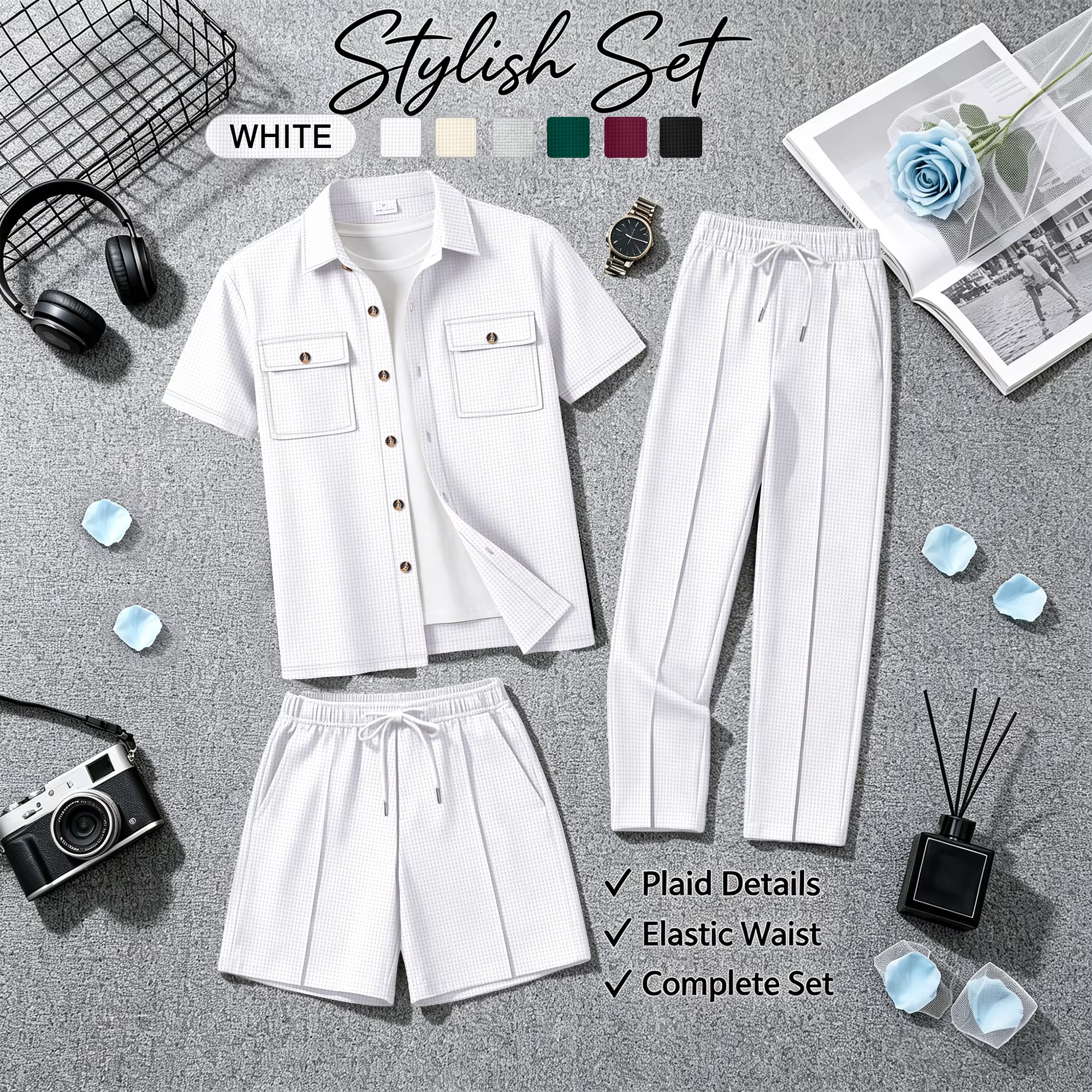 Ensemble 3 pièces polyvalent pour homme en tissu gaufré