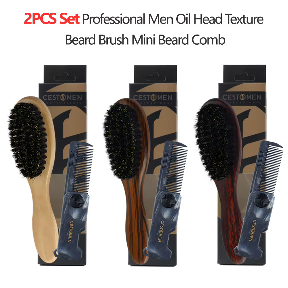 Lot de 2 : Kit de toilettage pour barbe homme, comprenant un mini peigne rotatif pour moustache et une brosse à poils de sanglier pour le nettoyage et l'application d'huile sur la barbe, outils portab