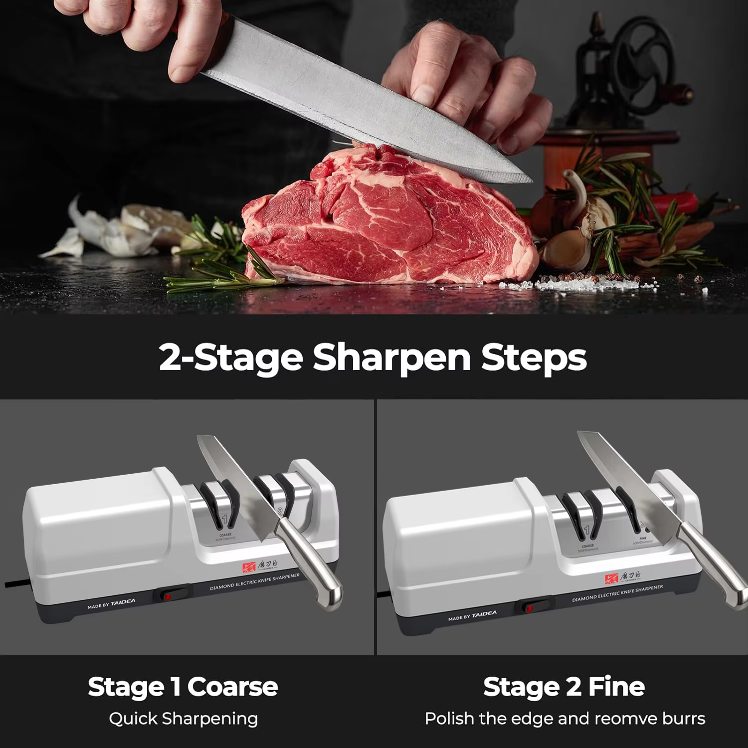 Aiguiseur de couteaux électrique de cuisine, abrasif 100% diamant, 20 ° Affûtage de précision, restaure rapidement la tranchance des lames