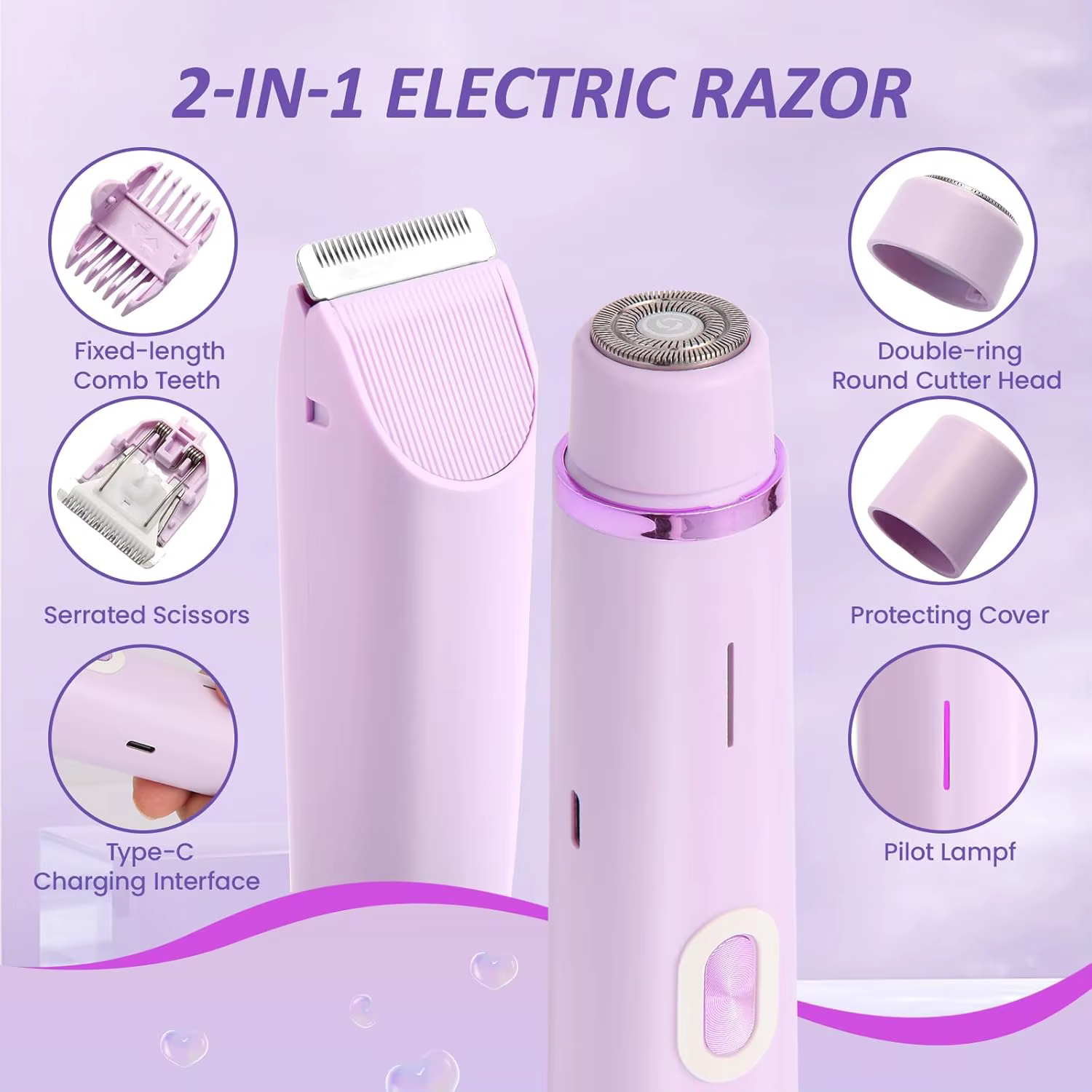 Rasoirs électriques pour femmes, rasoir électrique 2 en 1 pour les poils pubiens, tondeuse IPX7 étanche, utilisation humide et sèche, rasoir bikini pour le corps