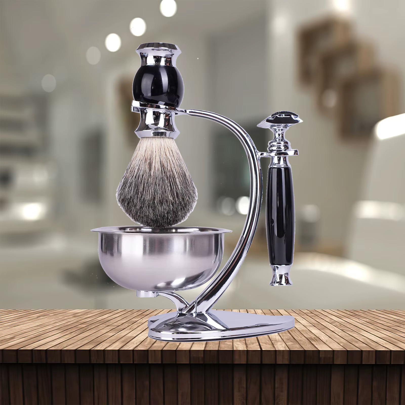 IRAZOR Kit de rasage humide pour homme avec rasoir manuel Brosse à cheveux de blaireau Bol à savon et support - Cadeau