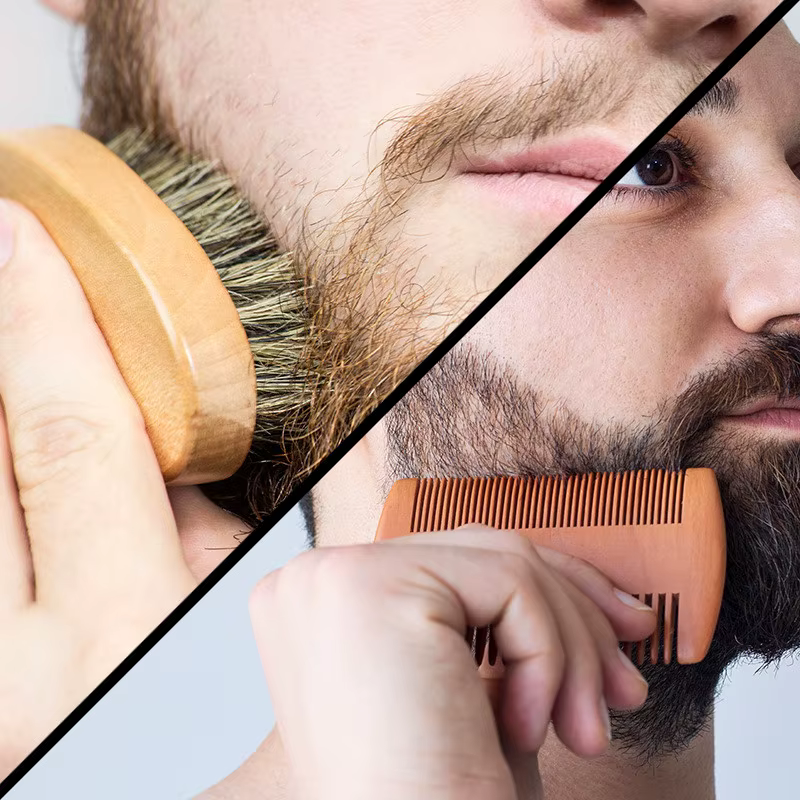 Ensemble de brosses à barbe et peigne à cheveux pour hommes, poils de sanglier doux, peigne à dents larges en bambou, adoucit la barbe, ensemble de 4 pièces