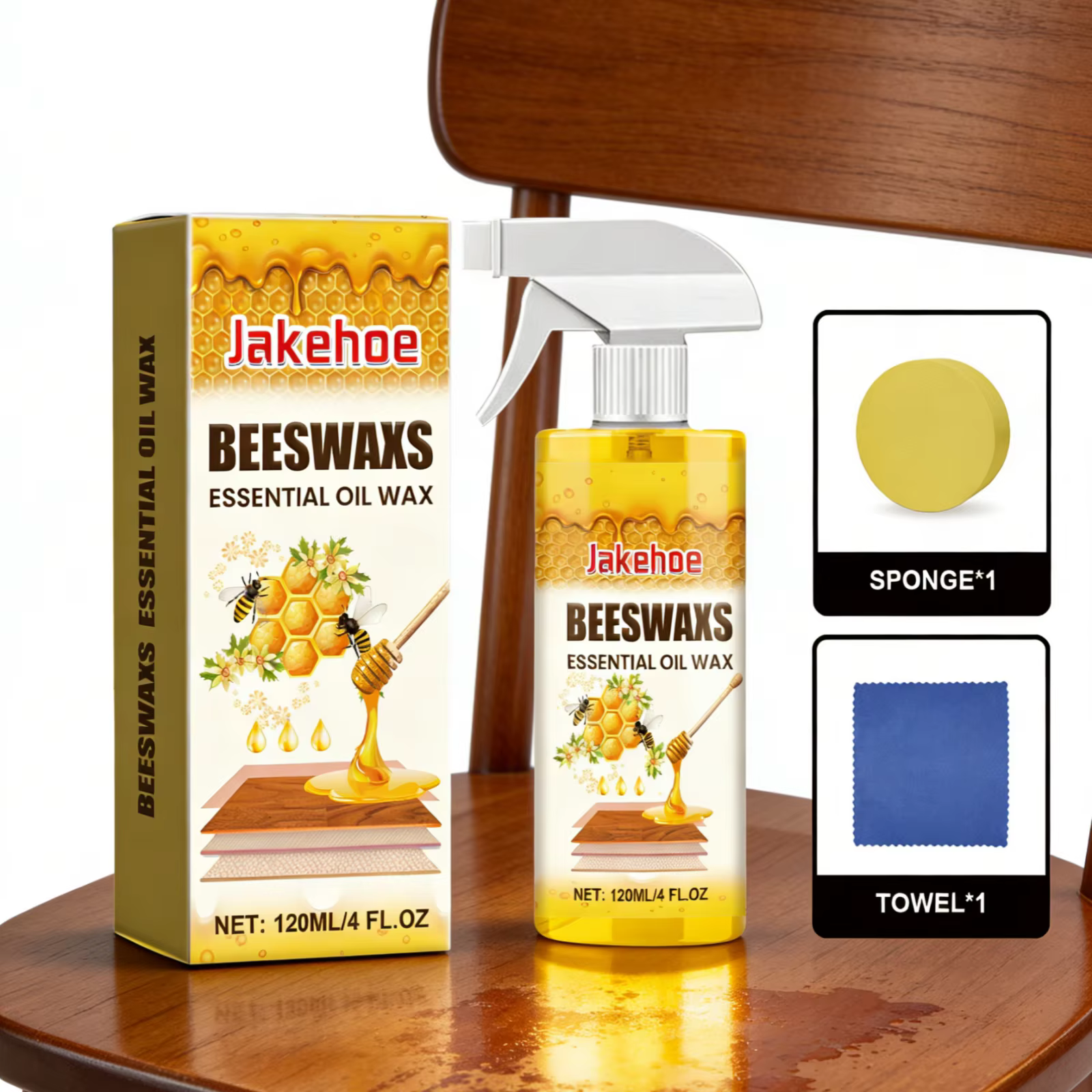 Jakehoe Cire d'abeille et Huile Essentielle pour Portes de Placards, Sols, Élimination des Taches, Nourrissant en Profondeur, Spray Polissant pour Bois avec Éponge et Serviette