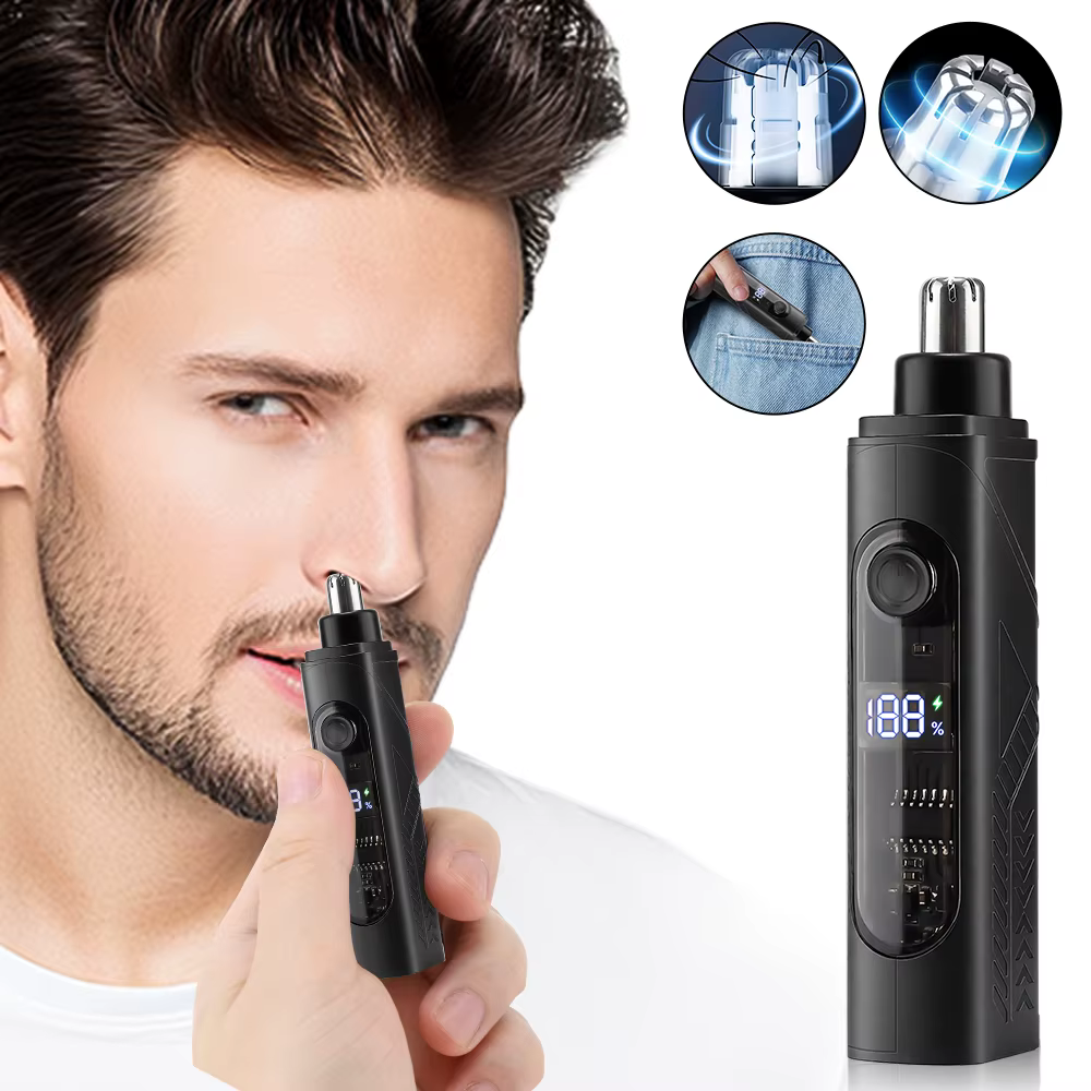 Tondeuse électrique pour le nez et les hommes et femmes, affichage numérique 360 °   Machine rotative nez oreille cheveux enlever rasoir lame détachable