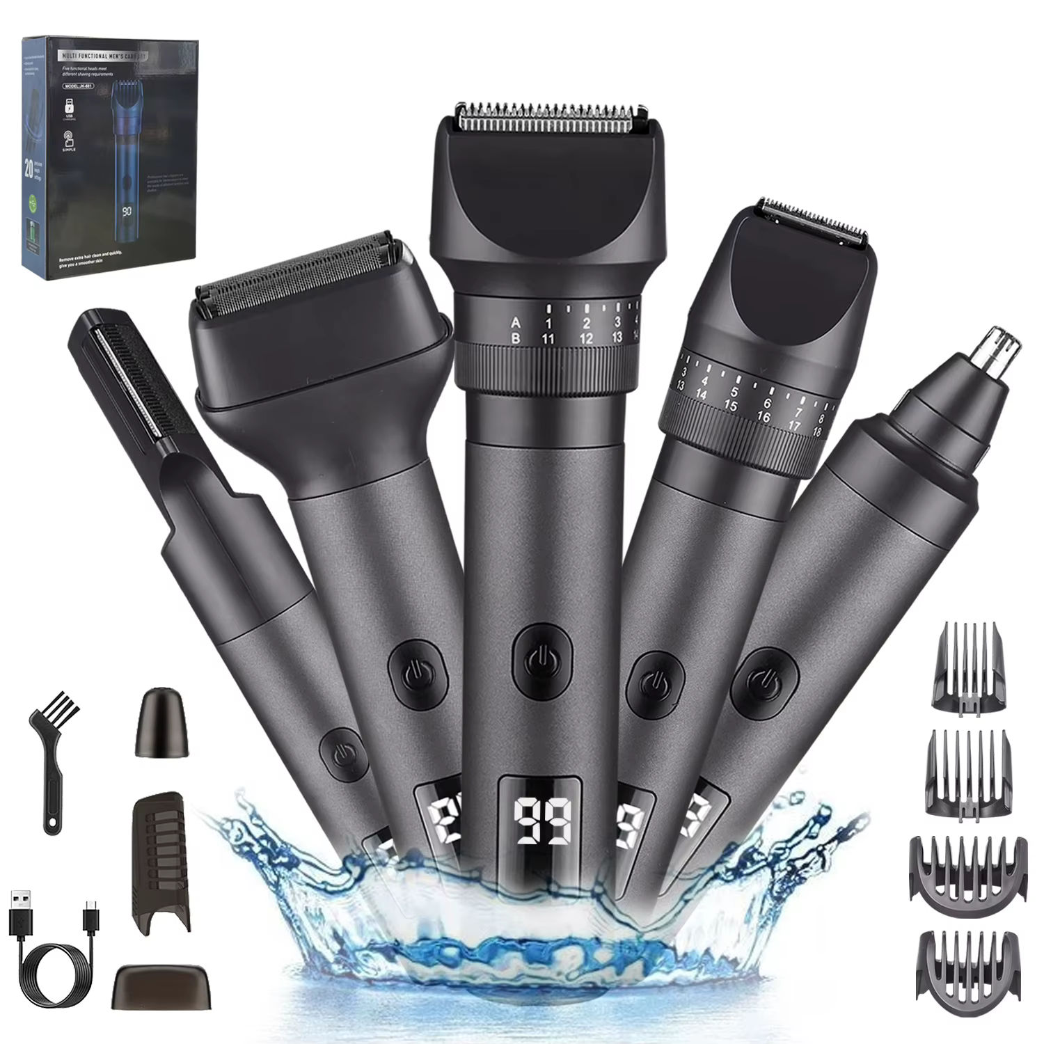 Tondeuse à barbe professionnelle pour hommes, rasoir électrique à grille et tondeuse à cheveux, kit de toilettage 5-en-1 pour hommes, rasoir corporel étanche