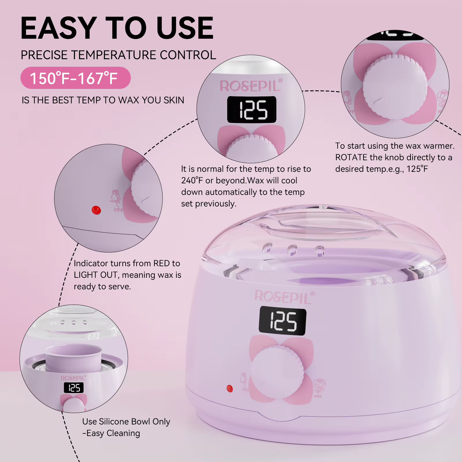 Kit chauffe-cire premium ROSEPIL 38 pièces avec pot en silicone de 450 ml et 6 sachets de cire douce à faible irritation pour différentes zones du corps