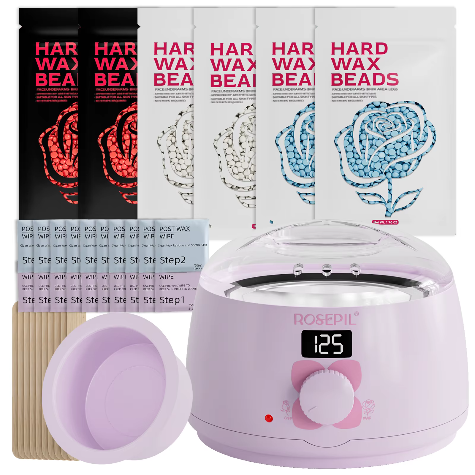 Kit chauffe-cire premium ROSEPIL 38 pièces avec pot en silicone de 450 ml et 6 sachets de cire douce à faible irritation pour différentes zones du corps