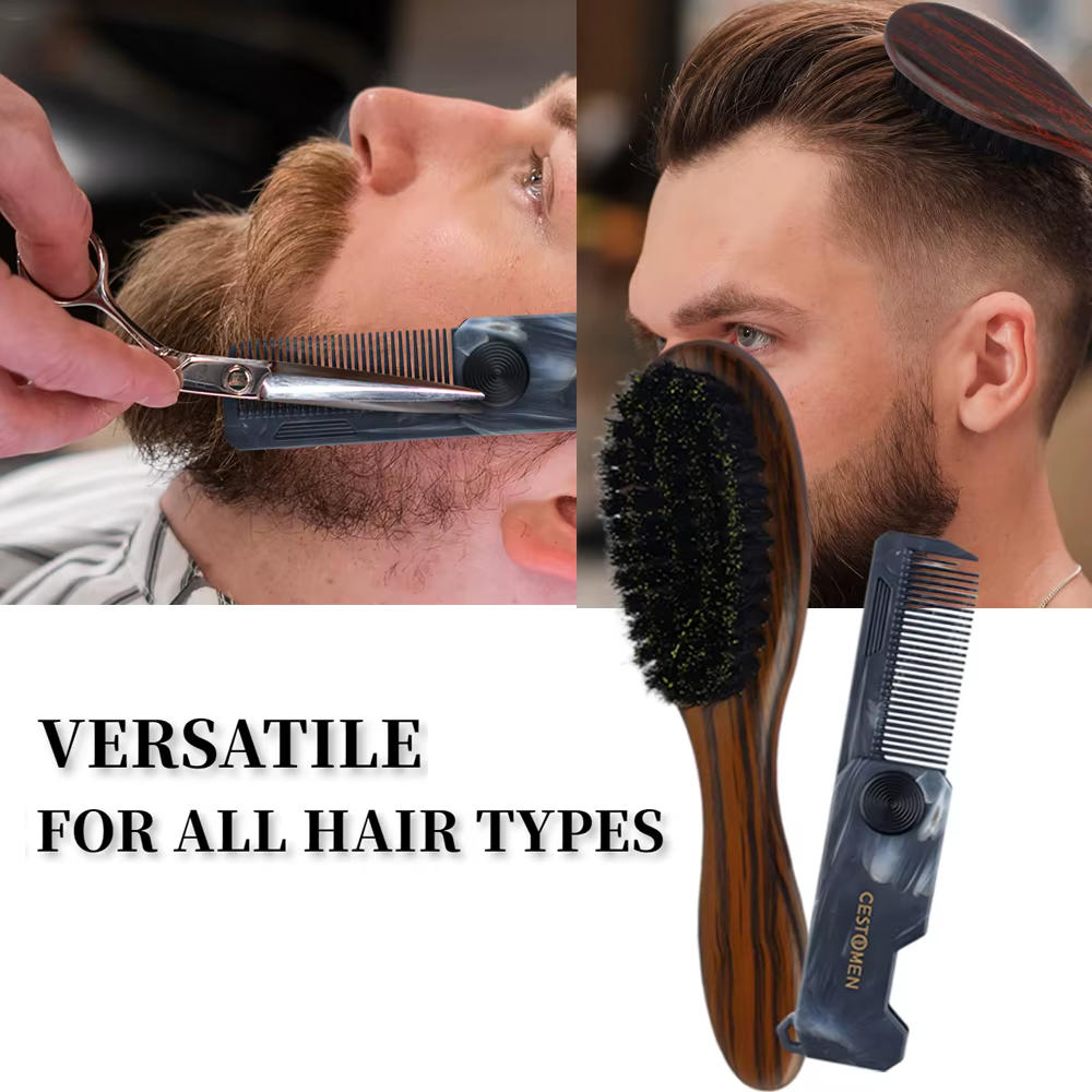Lot de 2 : Kit de toilettage pour barbe homme, comprenant un mini peigne rotatif pour moustache et une brosse à poils de sanglier pour le nettoyage et l'application d'huile sur la barbe, outils portab
