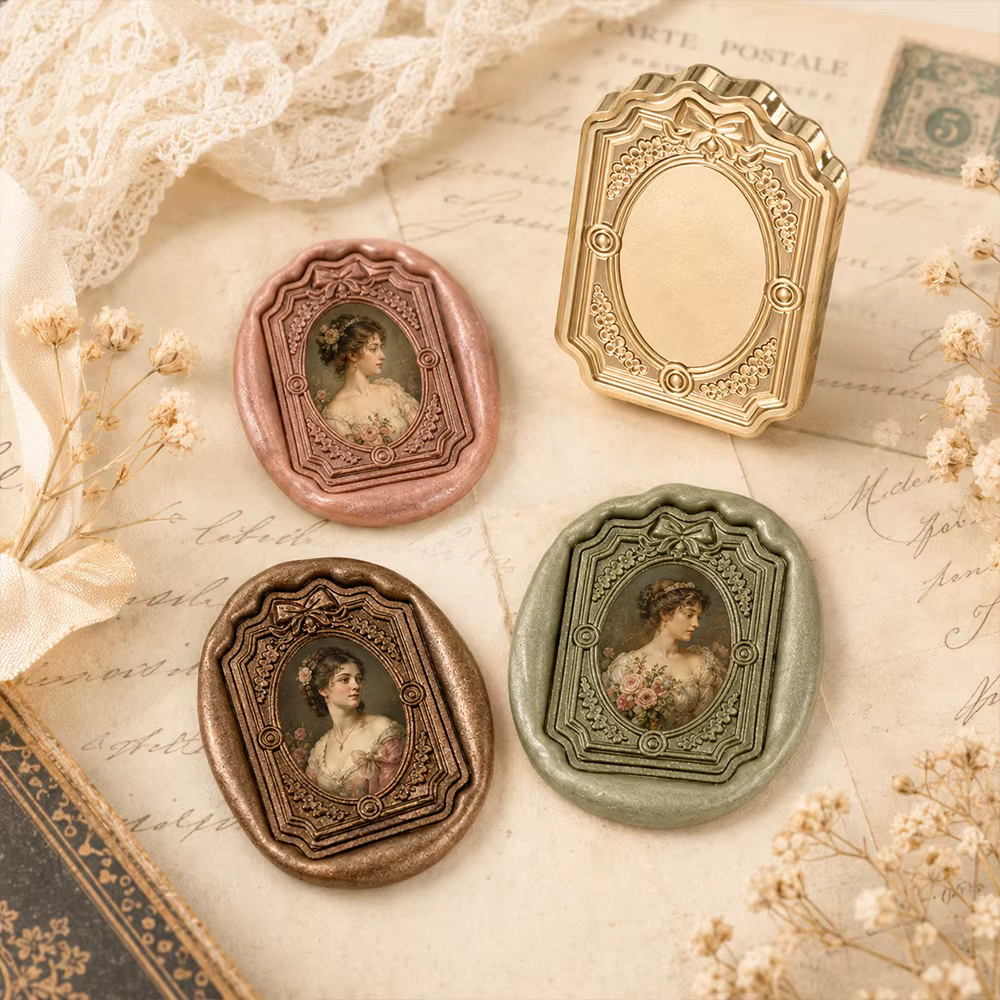 Kit de sceau de cire vintage avec cadre en laiton 3D en relief et manche en bois pour invitations DIY, enveloppes et scellage de colis cadeaux