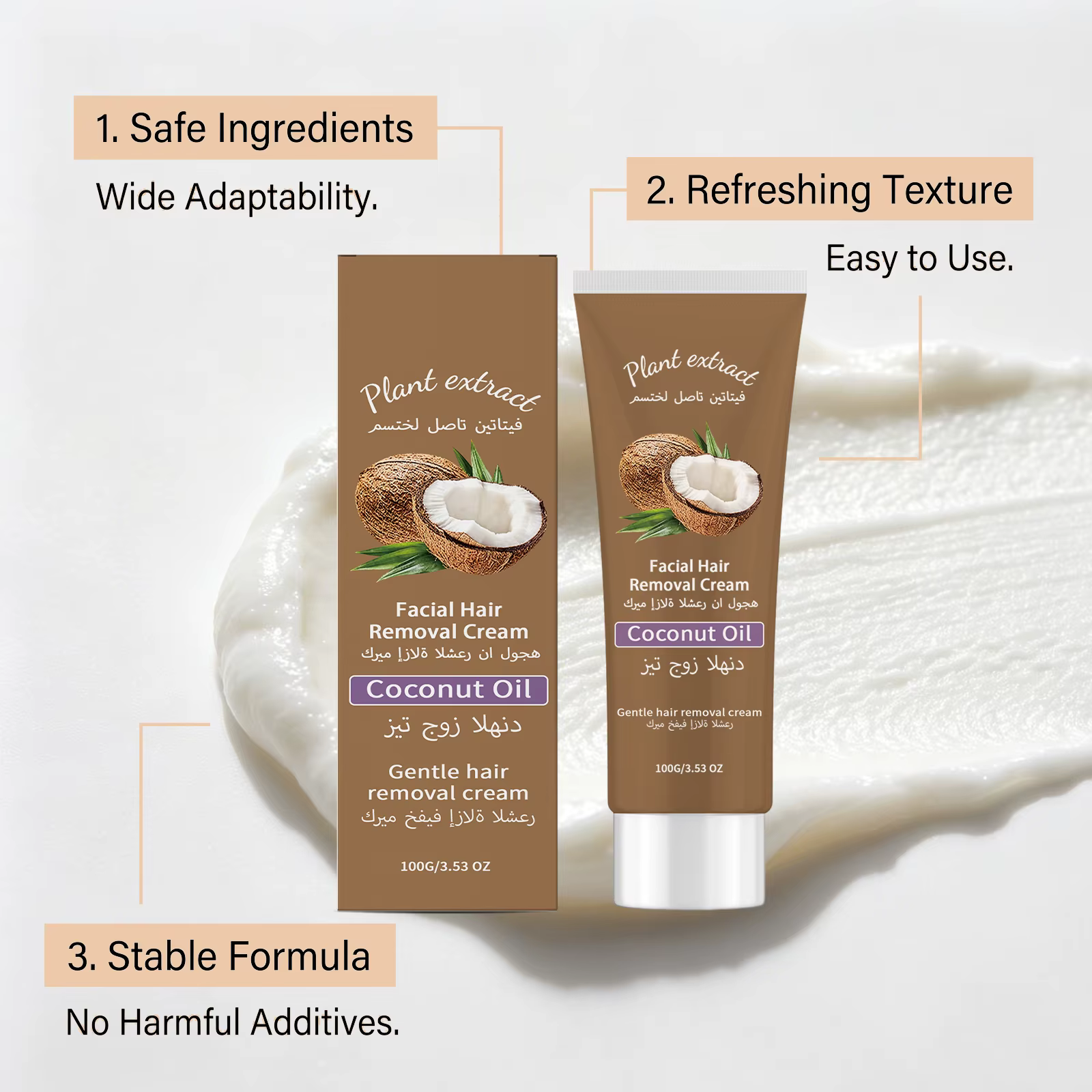 Crème dépilatoire permanente à la noix de coco pour le visage et le corps