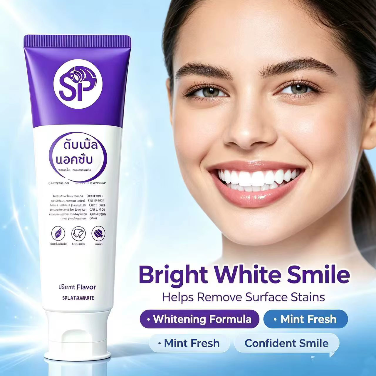 Dentifrice blanchissant thaïlandais – utilise la technologie optique violette pour éliminer les taches jaunes sur les dents, offrant une fraîcheur 24h/24.