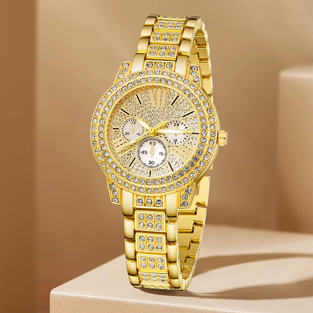 Montre à Quartz pour femmes or luxe femmes bague collier boucle d'oreille strass mode montre-bracelet décontracté dames montres ensemble de bijoux 