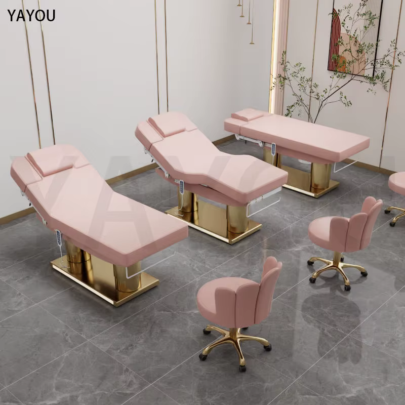 Lit de massage de beauté en cuir rose à 4 moteurs de luxe avec base en acier inoxydable à double cylindre