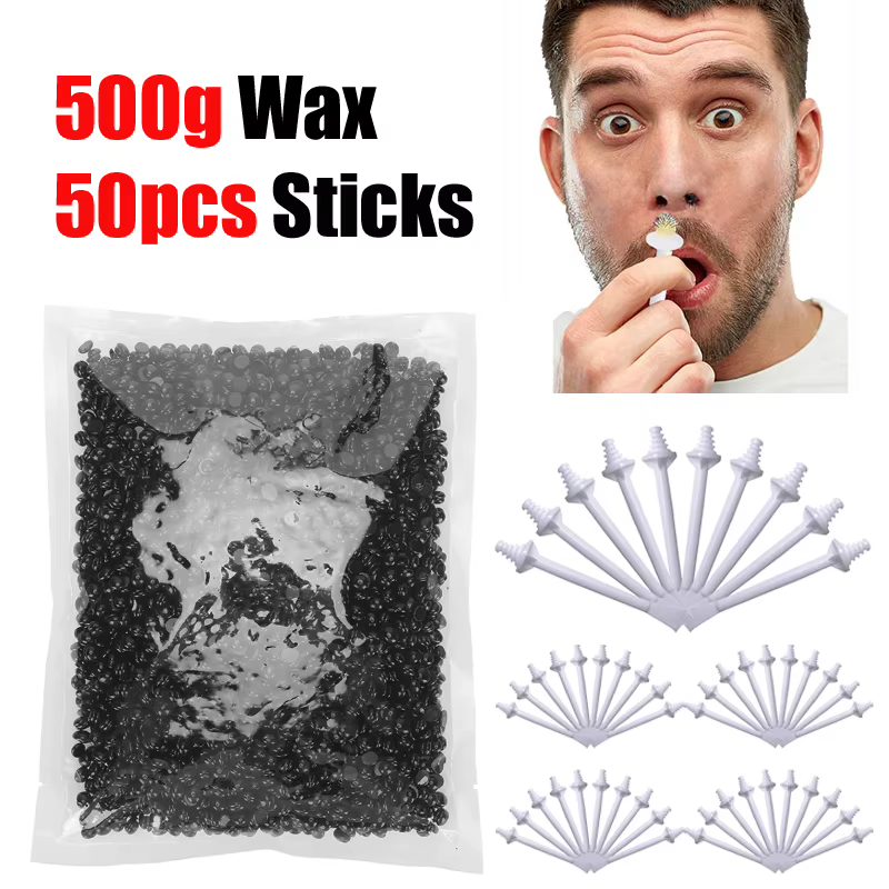 Kit d'épilation indolore pour épilation du nez et des oreilles-50-500g de cire avec 10-50 applicateurs élimination rapide 3 minutes sûre pour les poils nasaux et des oreilles