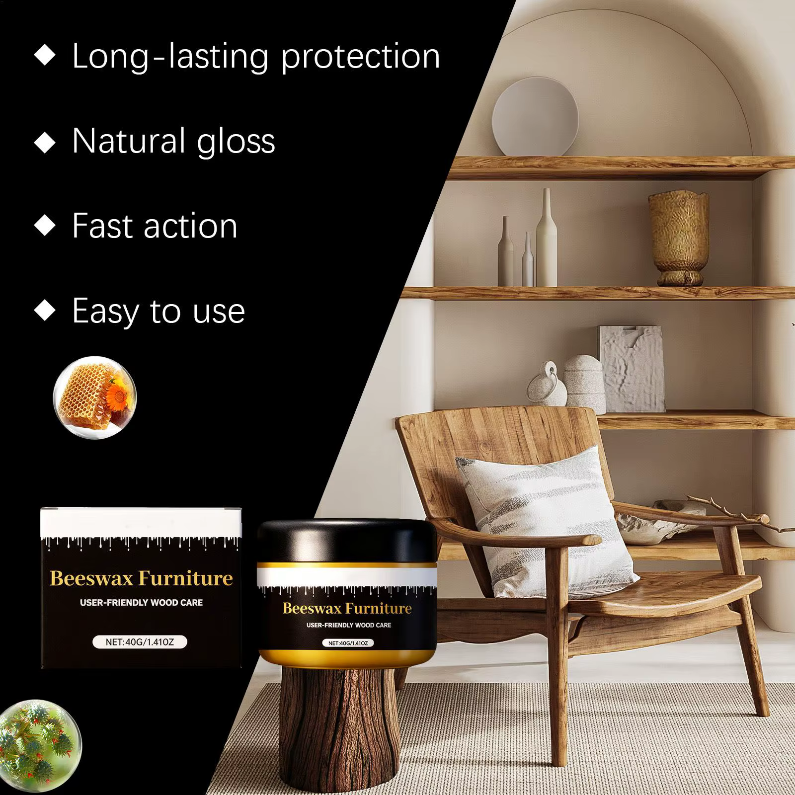 Cire de restauration du bois à la cire d'abeille 40g – Rénovateur pour meubles et sols, redonne vie aux armoires, tables, planches à découper et tiroirs en bois dur