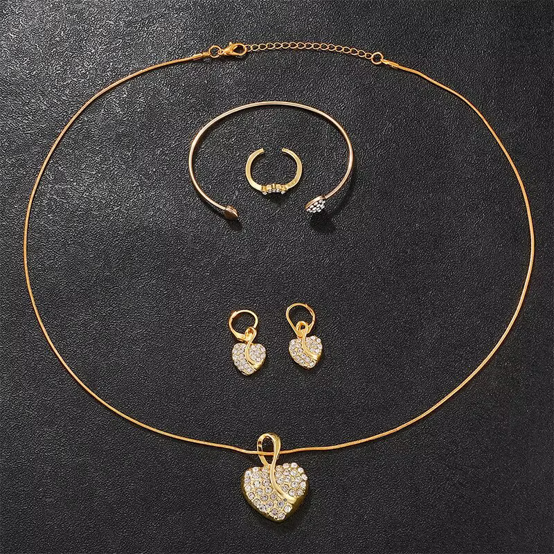 Montre à Quartz Dorée de Luxe pour Femme, Ensemble de Bijoux, Bague, Collier, Boucles d'Oreilles, Strass, Mode Décontractée