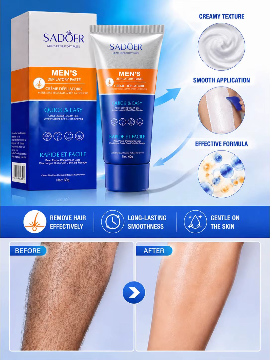 Crème dépilatoire pour hommes, crème épilatoire pour le corps, douce et hydratante, soin de la peau pour une peau lisse, application facile pour les soins quotidiens des hommes.